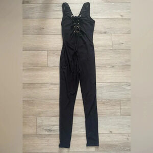 Peachy Girl Women’s Black Lace-up Stretch Jumpsuit Romper Goldtone Grommet EUC S
